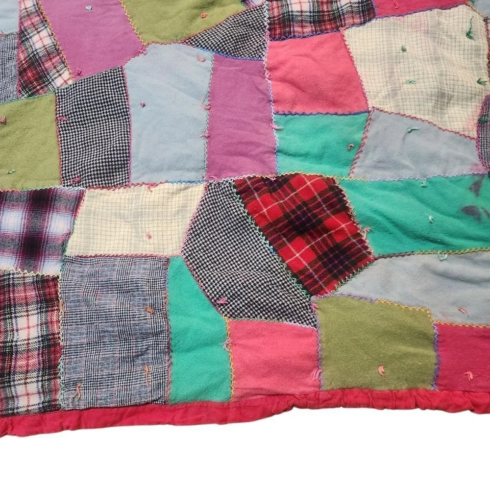 Vintage Handmade Patchwork Crazy Quilt Camp Blanket Wool Blend 78x62 Red Blue